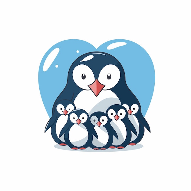 Cute penguin family in heart shape Vector cartoon illustration