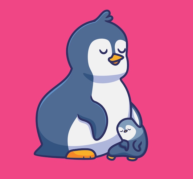 Vettore simpatico pinguino famiglia madre figlio isolato cartone animato animale illustrazione piatto stile adesivo icona design