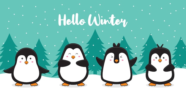 Cute penguin family with snow greeting hello winter cartoon doodle card background