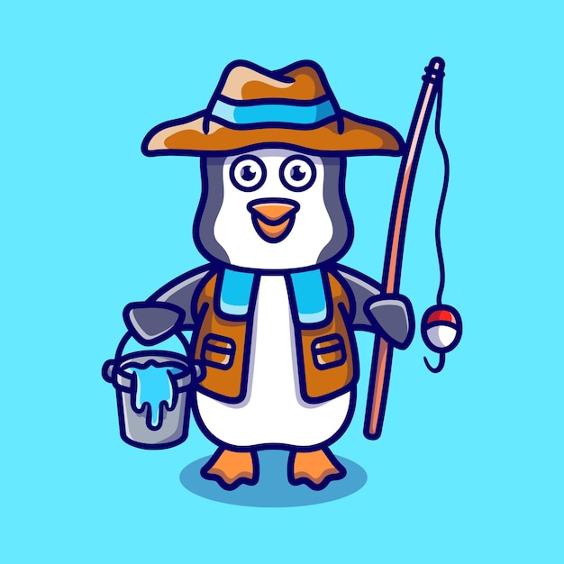 Illustrazione di cartone animato carino pescatore pinguino