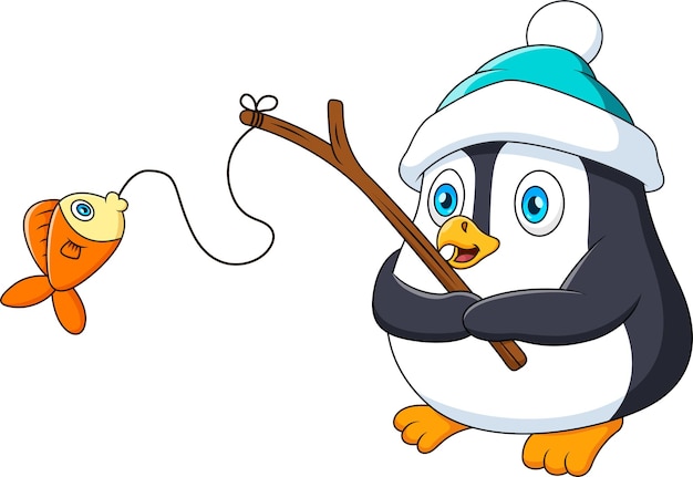 Carino, pinguino, pesca, cartone animato, illustrazione
