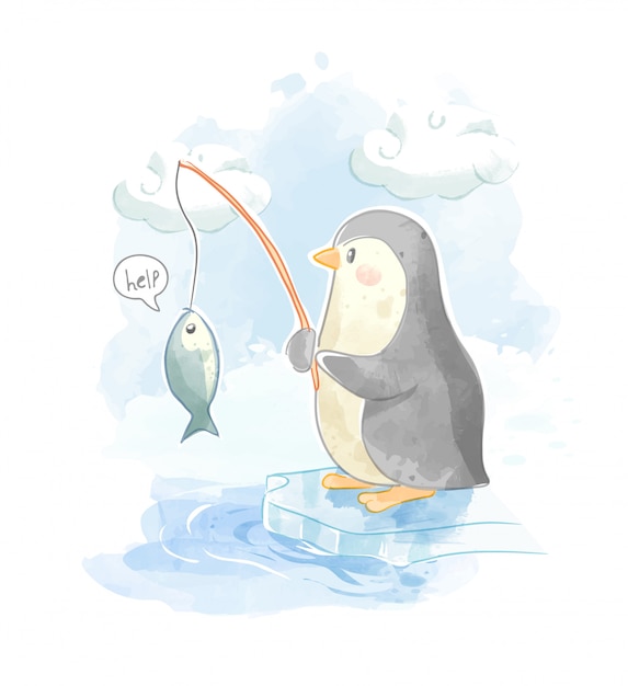Милый пингвин рыбалка Иллюстрация на голубое небо.