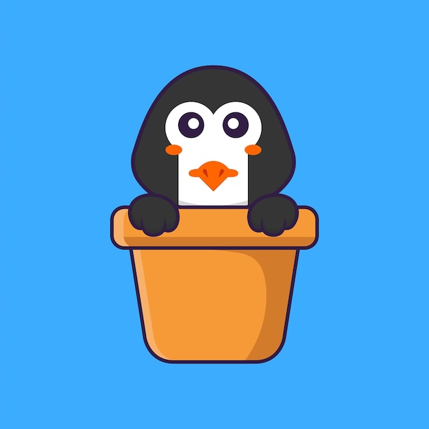 Cute penguin in a flower vase. Animal cartoon concept isolated. Flat Cartoon Style