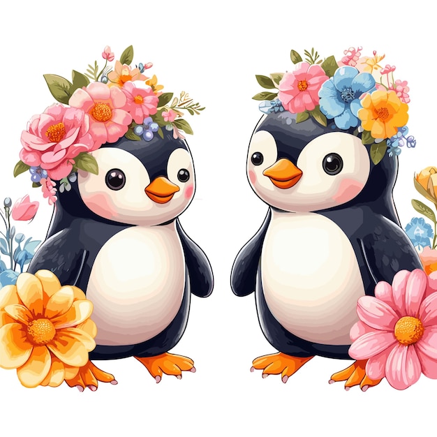 Cute penguin amp Flowers cartoon Vector Style