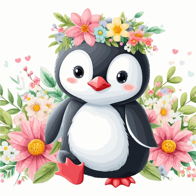 Милый пингвин цветы мультфильм Векторный стиль