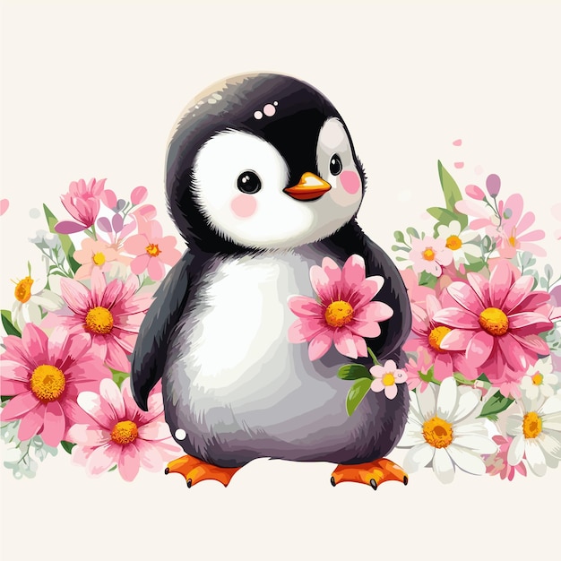 Милый пингвин цветы мультфильм Векторный стиль