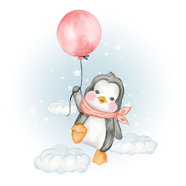 cute penguin flying with air balloons