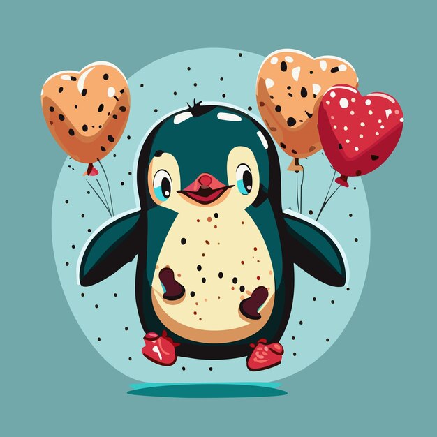 Cute Penguin Flying With Balloons Cartoon Vector Illustration Animal Love Concept Isolated Vector