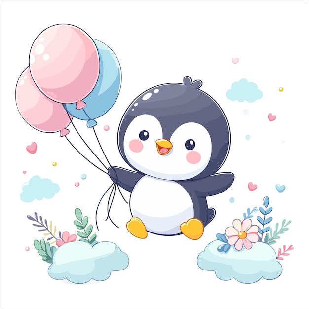 Vector cute penguin flying with balloons cartoon vector illustration