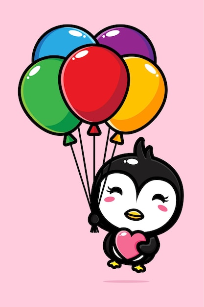 cute penguin flying with colorful balloons