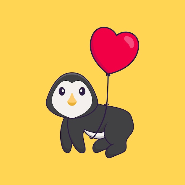 Cute penguin flying with love shaped balloons Animal cartoon concept isolated