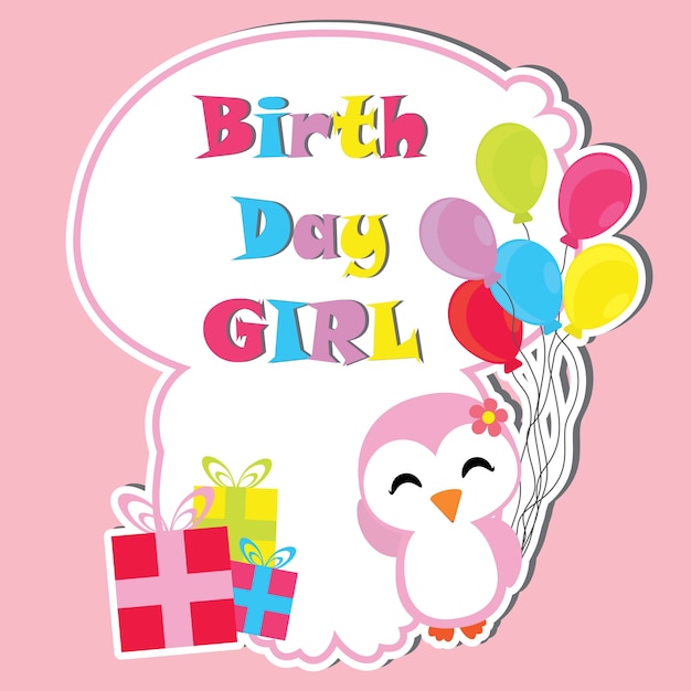 かわいいペンギンの女の子、誕生日プレゼントと風船フレームの漫画、誕生日のはがき、壁紙、グリーティングカード、子供のためのTシャツのデザイン