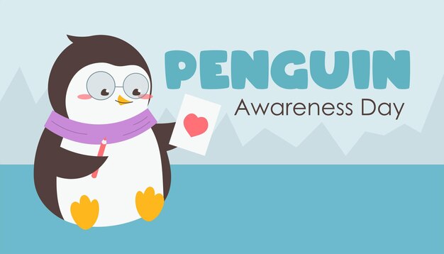 Vector cute penguin in glasses with pencil draws heart vector illustration in flat cartoon style banner for penguin awareness day