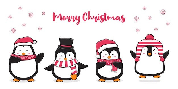 Cute penguin greeting merry christmas cartoon doodle card background illustration