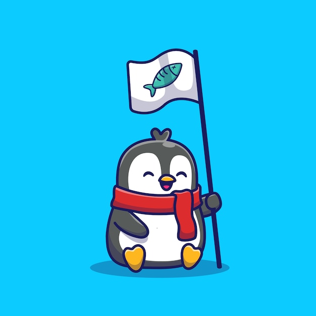 Vector cute penguin hold flag illustration. animal    . flat cartoon style