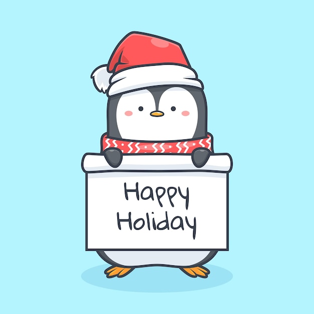 cute penguin hold happy holiday sign illustration