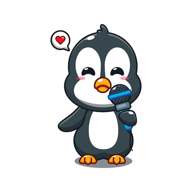 cute penguin holding microphone cartoon vector illustration