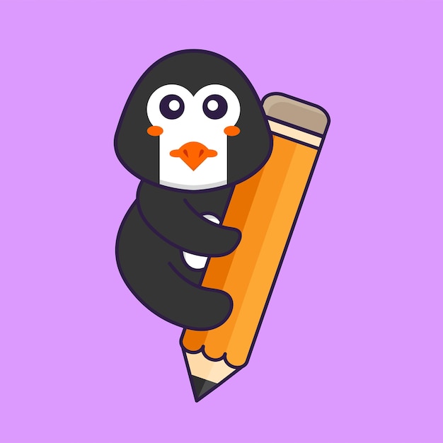 Cute penguin holding a pencil. Animal cartoon concept isolated.