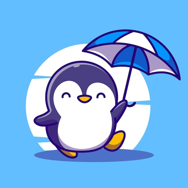 Cute penguin holding umbrella cartoon mascot illustration vector icon