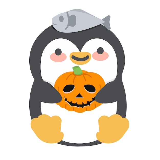 Pinguino carino con in mano una zucca