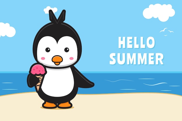 Cute penguin and ice cream with a summer greeting banner cartoon icon illustration