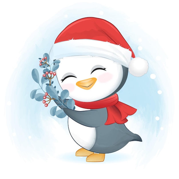 冬のクリスマスシーズンのイラストでかわいいペンギン