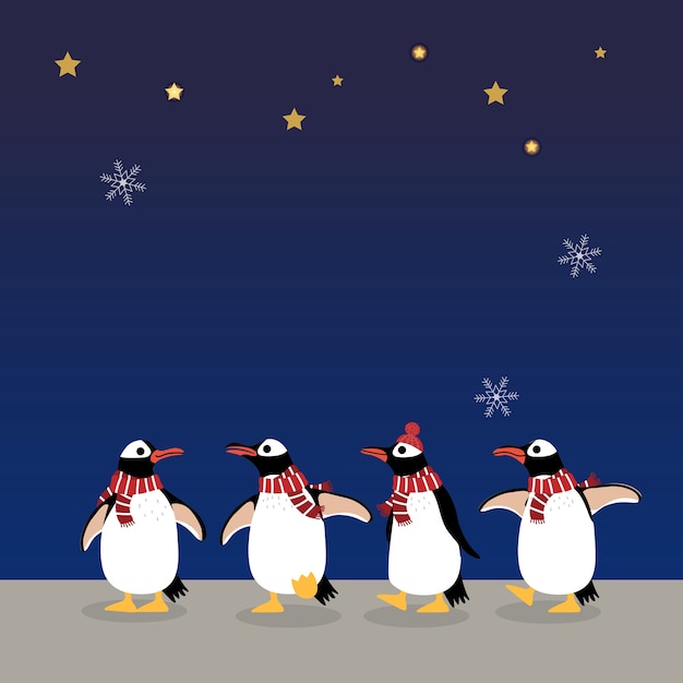 冬の衣装でかわいいペンギンクリスマスの夜の背景。