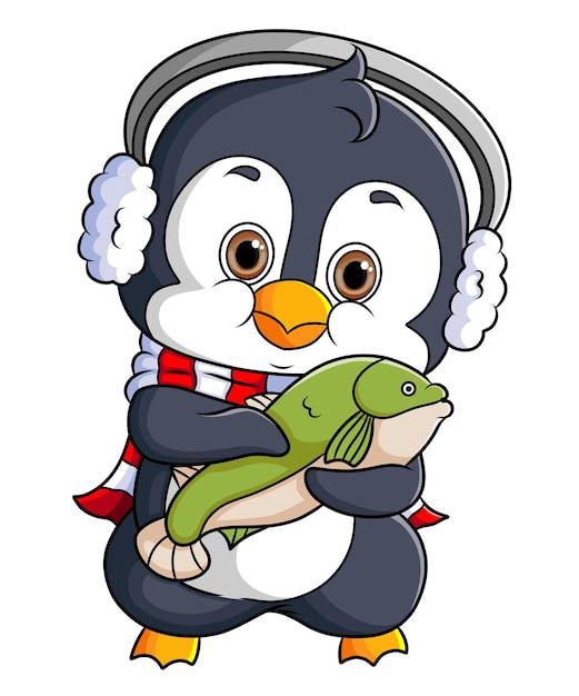 The cute penguin is happy and holding a fish of illustration