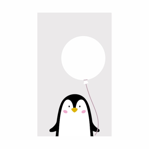 Vector cute penguin is holding  balloon. postcard for holiday. congratulations to child. screensaver on phone with place  qr code and text.