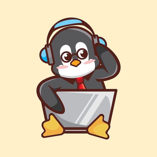 cute penguin listening to music kawaii cartoon illustration