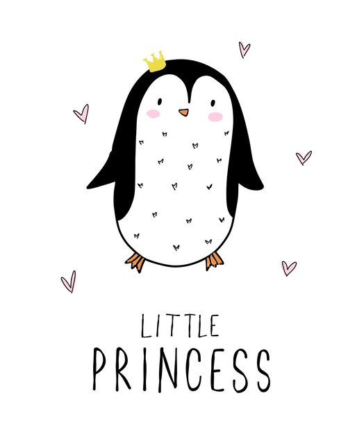 Cute penguin little princess text Postcard poster isolated background Hand drawn hearts vector