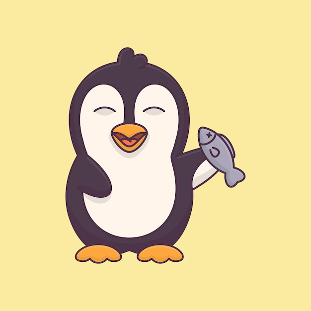 Cute penguin look happy to hold fish vector cartoon animal icon illustration