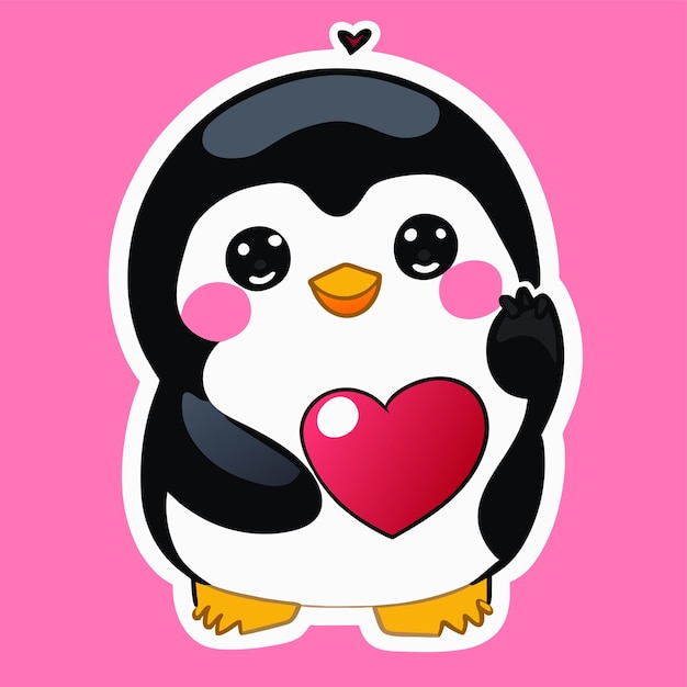 Cute penguin love heart sign hand drawn cartoon sticker icon concept isolated illustration