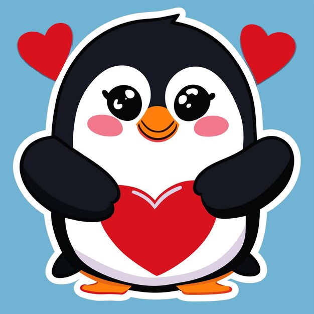 Vector cute penguin love heart sign hand drawn cartoon sticker icon concept isolated illustration