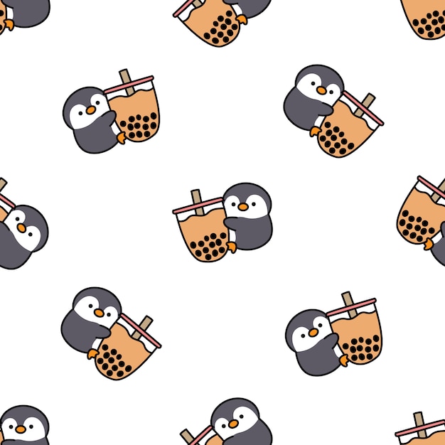 Cute penguin loves bubble tea cartoon seamless pattern