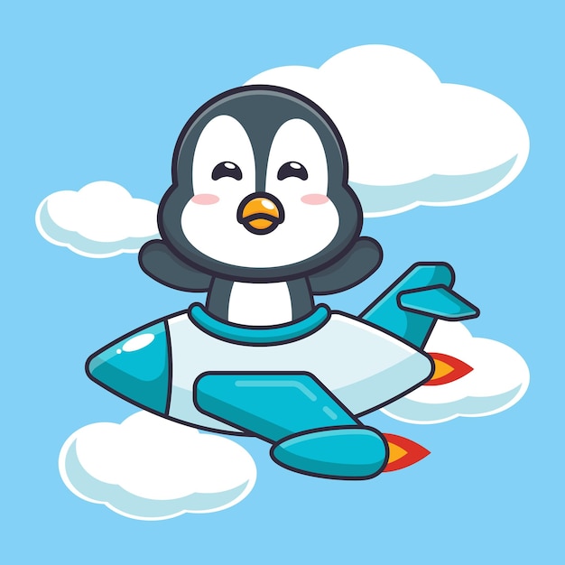 cute penguin mascot cartoon character ride on plane jet