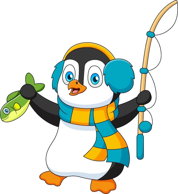 Cute penguin mascot cartoon with scarf is fishing