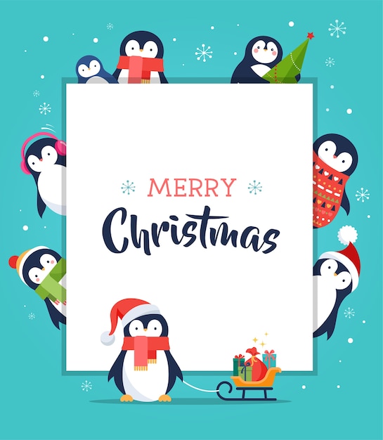 Vector cute penguin - merry christmas greeting card