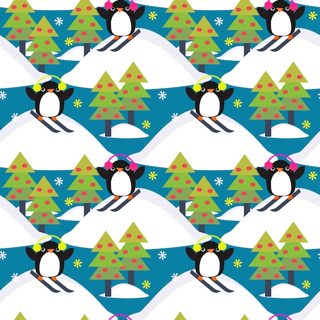 Cute penguin play ski in forest.