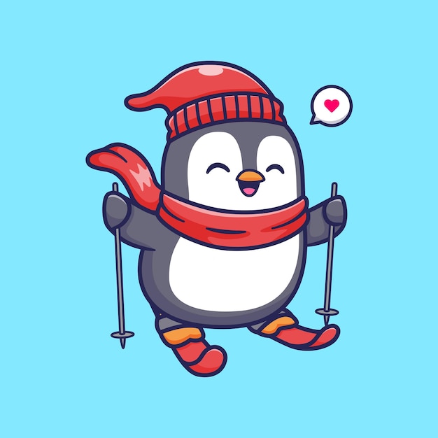 Vector cute penguin playing ice ski cartoon vector icon illustration. animal sport icon concept isolated