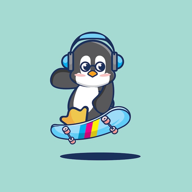 Vettore simpatico pinguino che gioca a skateboard con musica fumetto illustrazione vettoriale