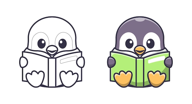 Pinguino carino che legge un libro da colorare di cartoni animati per bambini