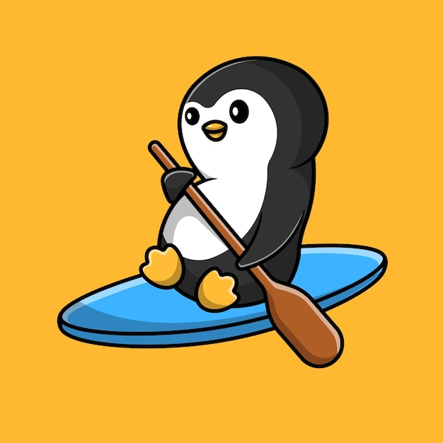 Cute penguin rowing with surfboard cartoon vector icon illustration