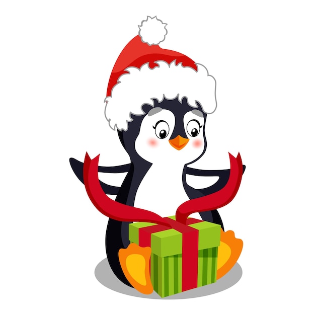 Симпатичный пингвин в шапке Санты, мультипликационный персонаж, открывающий рождественскую коробку с красной лентой