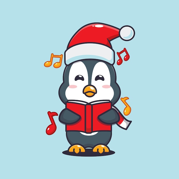 かわいいペンギンがクリスマスソングを歌います。かわいいクリスマス漫画イラスト。