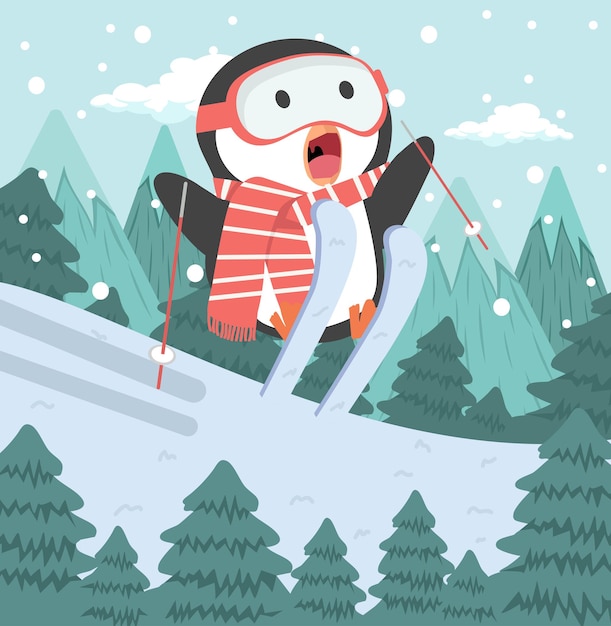 Cute penguin skiing with tree