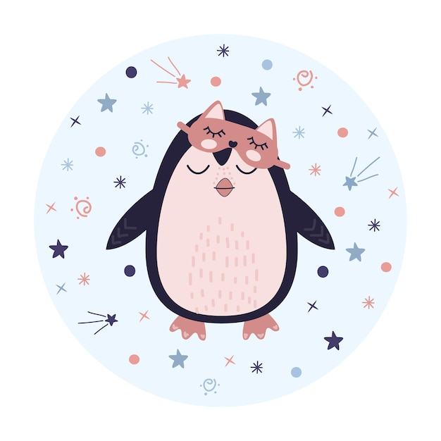 Vector cute penguin in sleeping mask animal on the starry fantatic sky