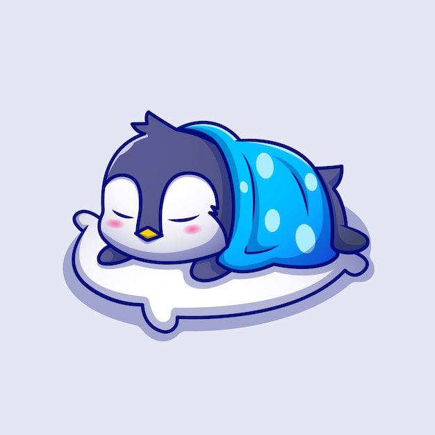 Cute Penguin Sleeping On Pillow With Blanket Cartoon  Icon Illustration. Animal Sleep Icon Concept  Premium .  Cartoon Style