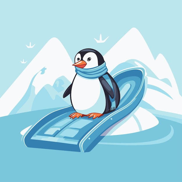 Vector cute penguin on a snowboard cartoon vector illustration