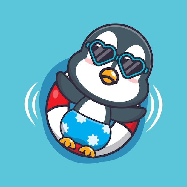 Cute penguin in sunglasses float with buoy.